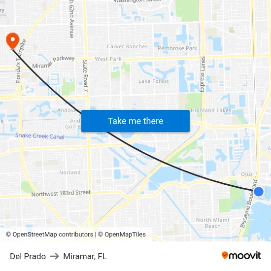 Del Prado to Miramar, FL map