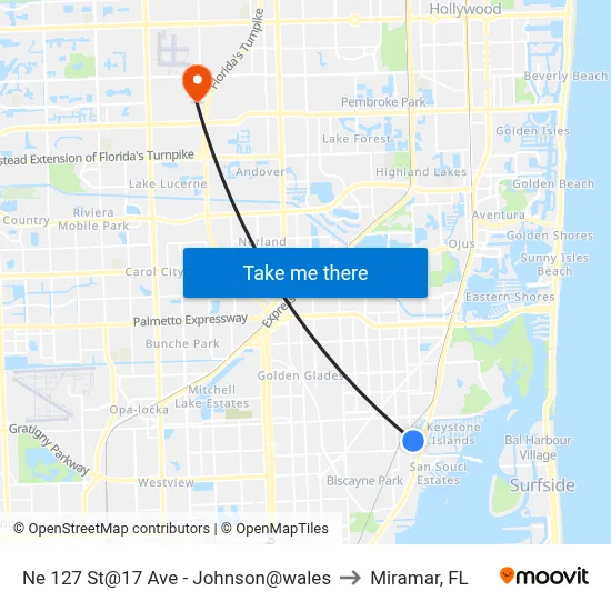 Ne 127 St@17 Ave - Johnson@wales to Miramar, FL map