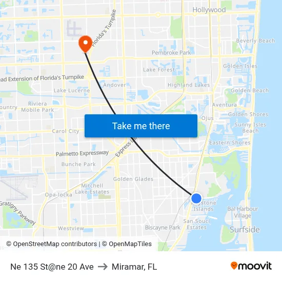 Ne 135 St@ne 20 Ave to Miramar, FL map