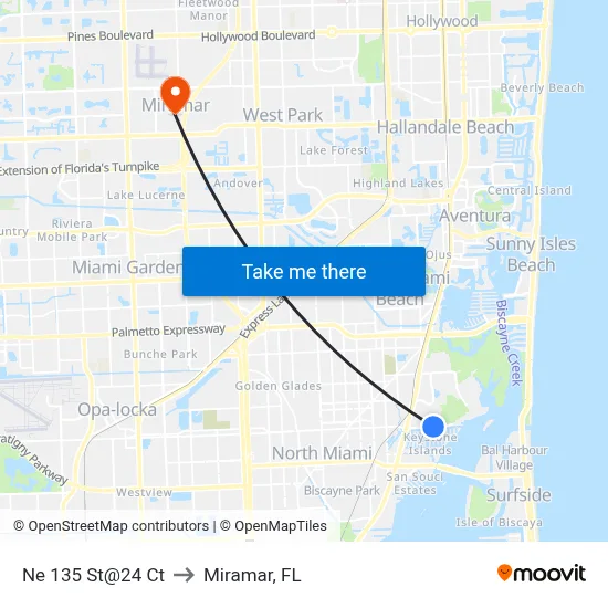 Ne 135 St@24 Ct to Miramar, FL map