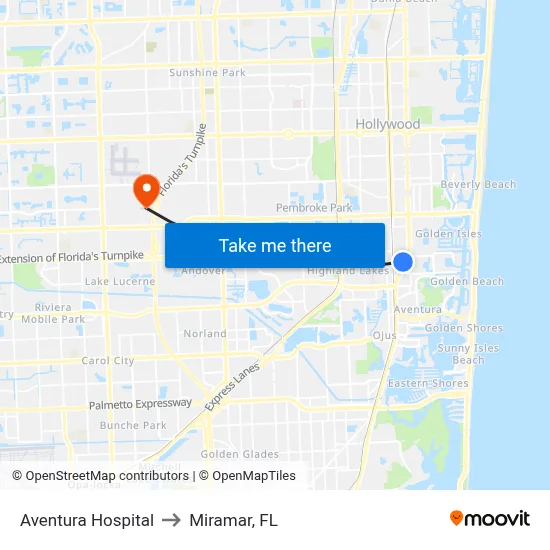 Aventura Hospital to Miramar, FL map