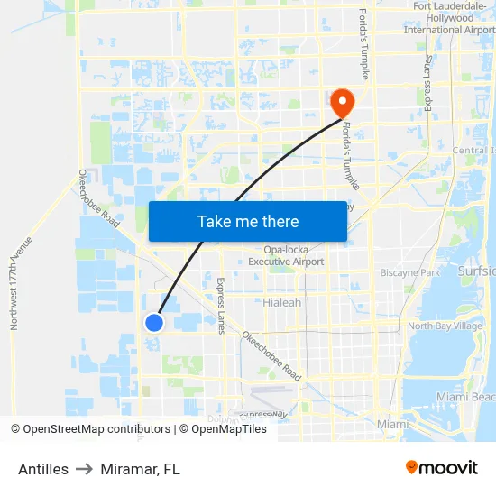 Antilles to Miramar, FL map