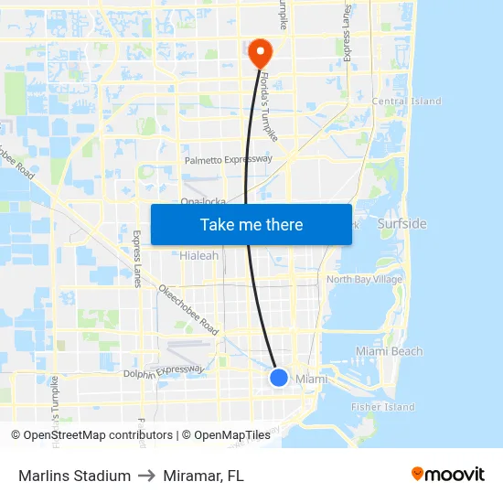 Marlins Stadium to Miramar, FL map
