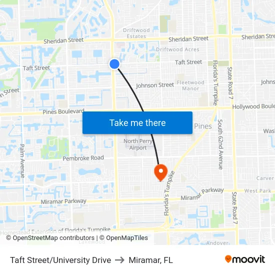 Taft Street/University Drive to Miramar, FL map