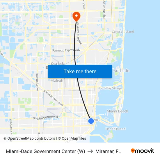 Miami-Dade Government Center (W) to Miramar, FL map
