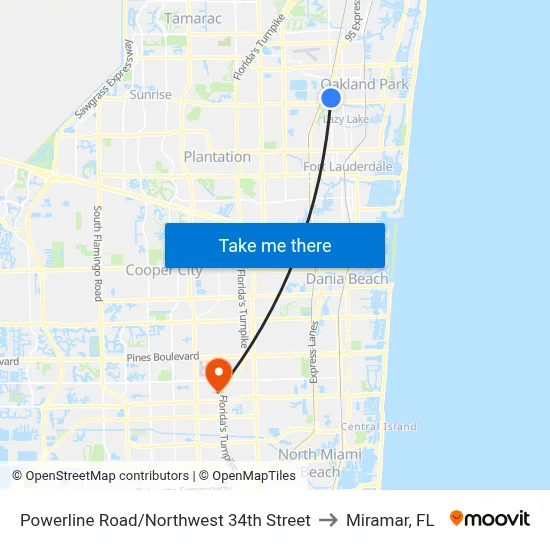 Powerline Road/Northwest 34th Street to Miramar, FL map
