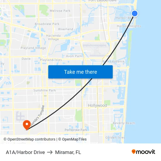 A1A/Harbor Drive to Miramar, FL map
