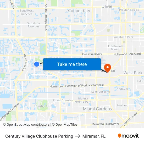 Century Village Clubhouse Parking to Miramar, FL map