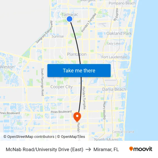 McNab Road/University Drive (East) to Miramar, FL map