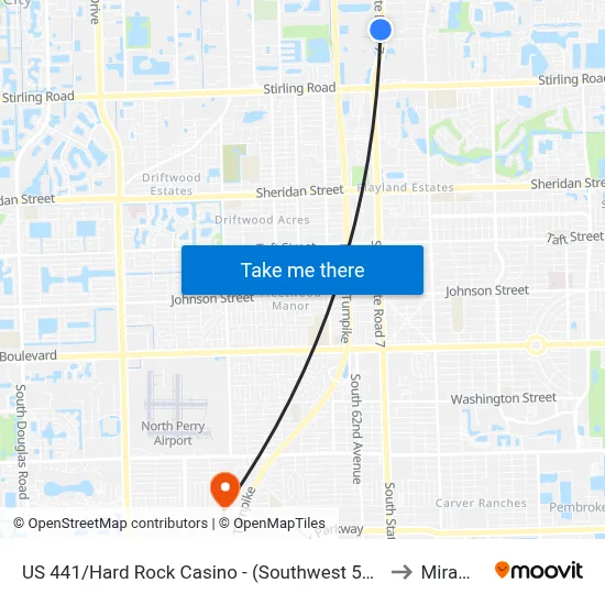 US 441/Hard Rock Casino - (Southwest 54th Street/Lucky Street) to Miramar, FL map