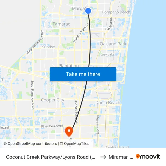 Coconut Creek Parkway/Lyons Road (West) to Miramar, FL map