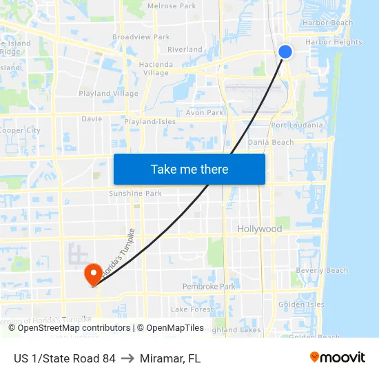 US 1/State Road 84 to Miramar, FL map