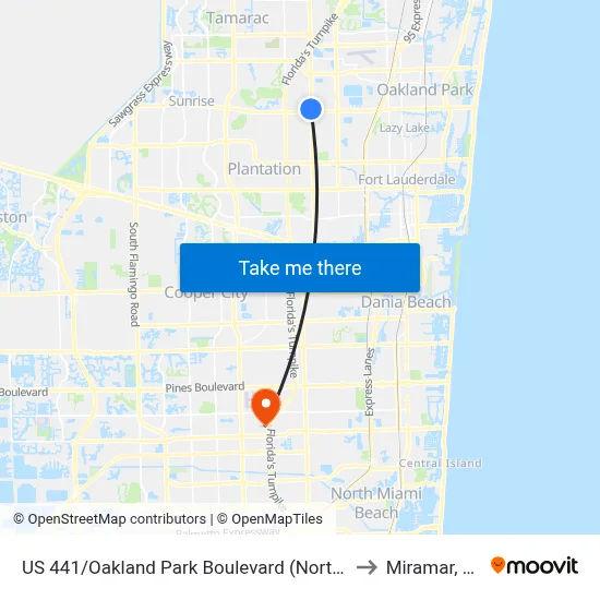 US 441/Oakland Park Boulevard (North) to Miramar, FL map
