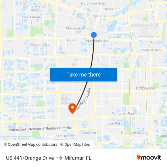 US 441/Orange Drive to Miramar, FL map