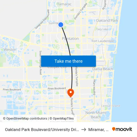 Oakland Park Boulevard/University Drive to Miramar, FL map