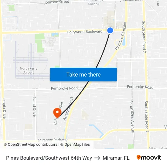Pines Boulevard/Southwest 64th Way to Miramar, FL map
