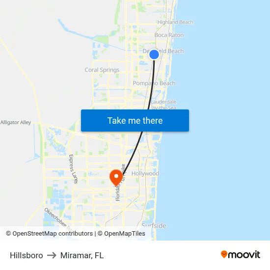Hillsboro to Miramar, FL map