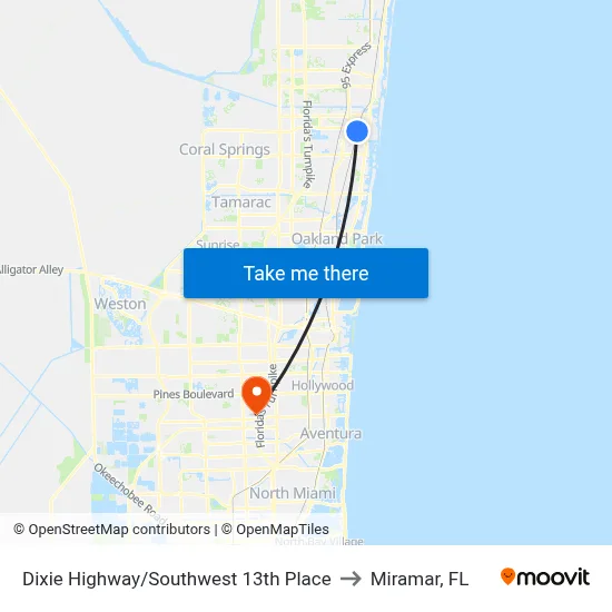 Dixie Highway/Southwest 13th Place to Miramar, FL map