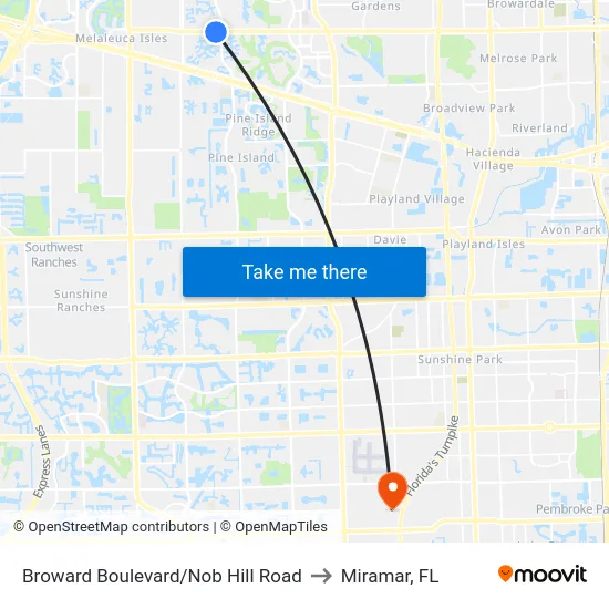 Broward Boulevard/Nob Hill Road to Miramar, FL map