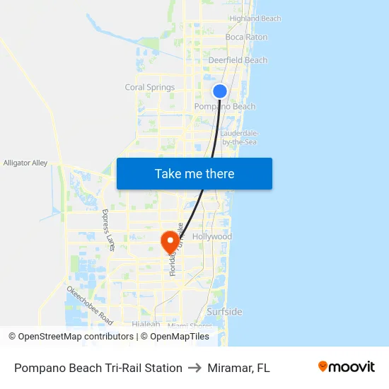 Pompano Beach Tri-Rail Station to Miramar, FL map
