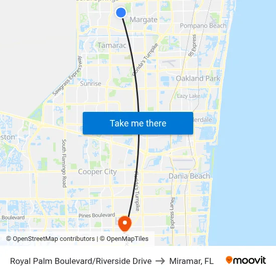 Royal Palm Boulevard/Riverside Drive to Miramar, FL map