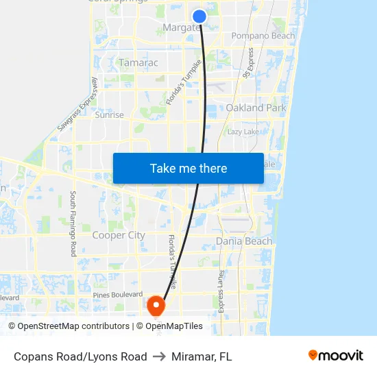Copans Road/Lyons Road to Miramar, FL map