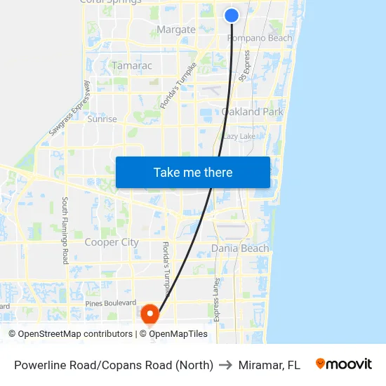 Powerline Road/Copans Road (North) to Miramar, FL map