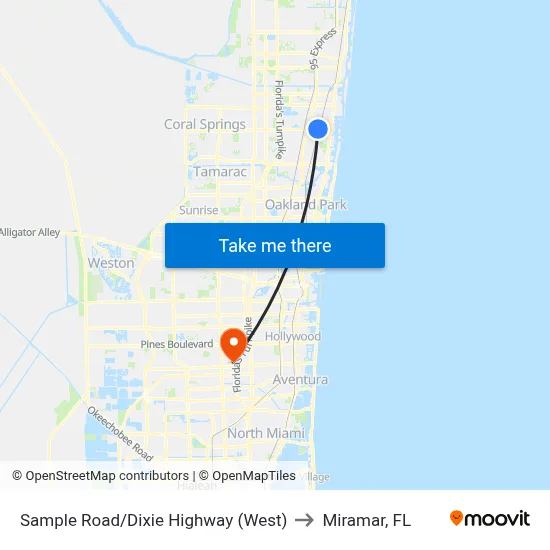 Sample Road/Dixie Highway (West) to Miramar, FL map