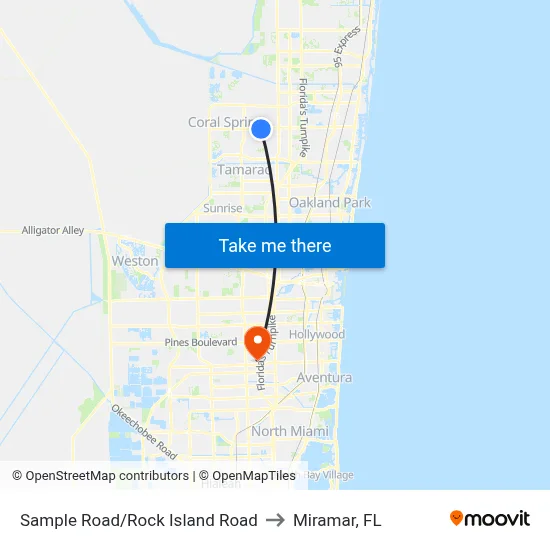 Sample Road/Rock Island Road to Miramar, FL map