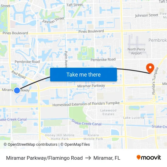 Miramar Parkway/Flamingo Road to Miramar, FL map