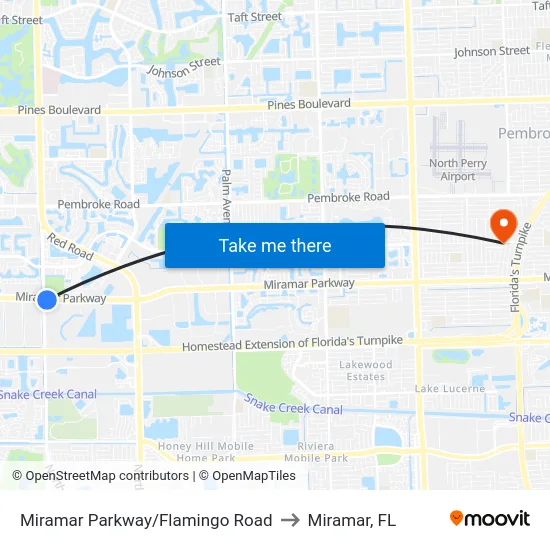 Miramar Parkway/Flamingo Road to Miramar, FL map