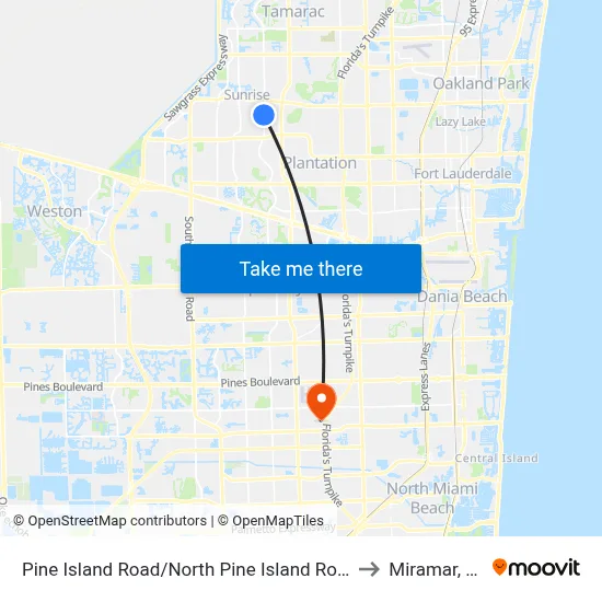 Pine Island Road/North Pine Island Road to Miramar, FL map