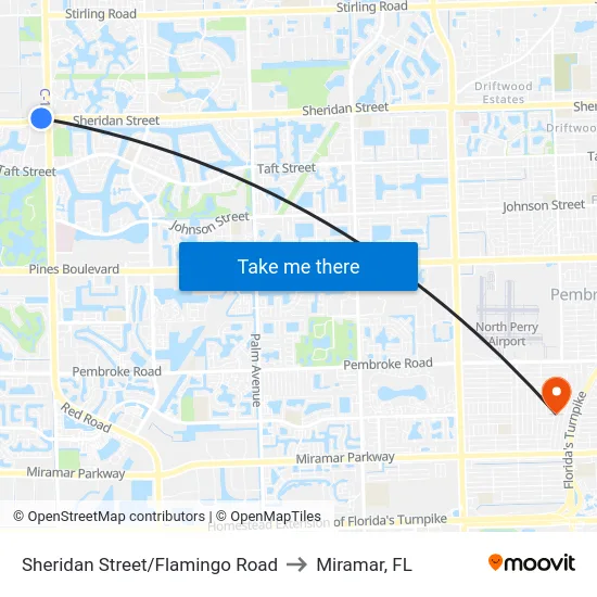 Sheridan Street/Flamingo Road to Miramar, FL map