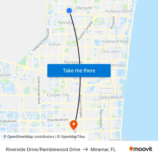 Riverside Drive/Ramblewood Drive to Miramar, FL map
