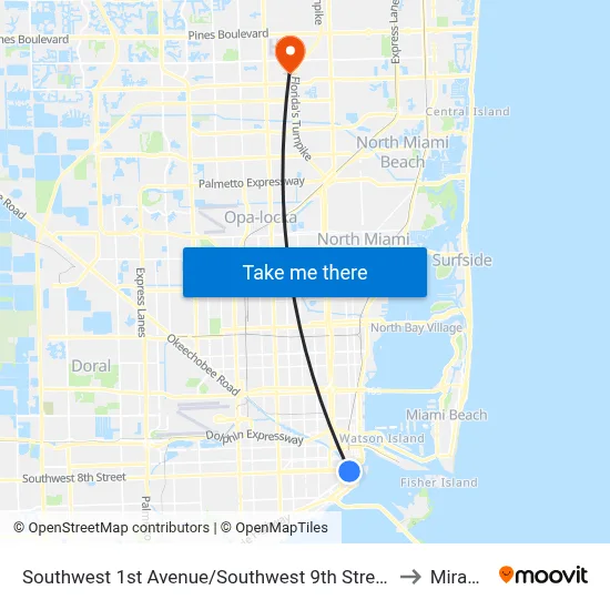 Southwest 1st Avenue/Southwest 9th Street - (Brickell Metrorail Station) to Miramar, FL map