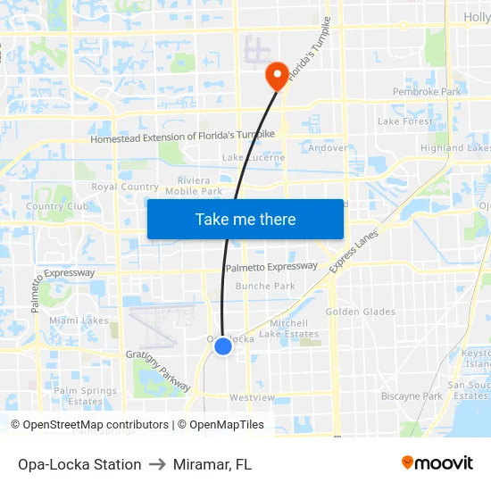 Opa-Locka Station to Miramar, FL map