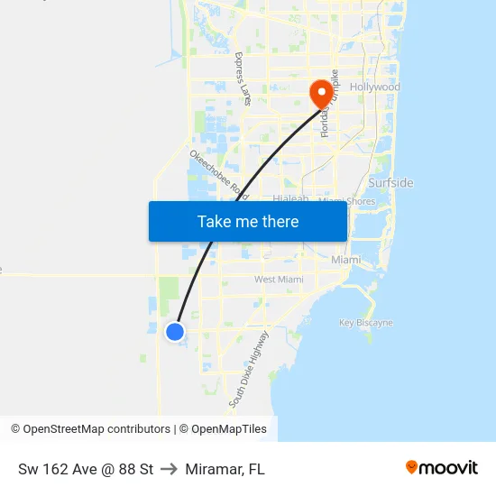 Sw 162 Ave @ 88 St to Miramar, FL map