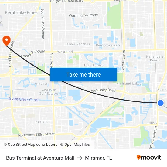Bus Terminal at Aventura Mall to Miramar, FL map