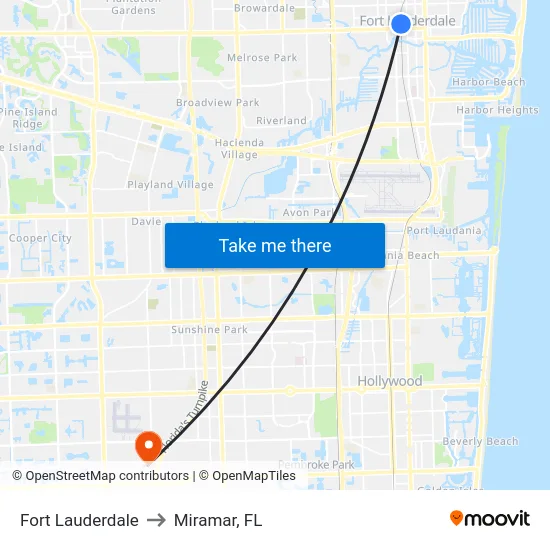 Fort Lauderdale to Miramar, FL map