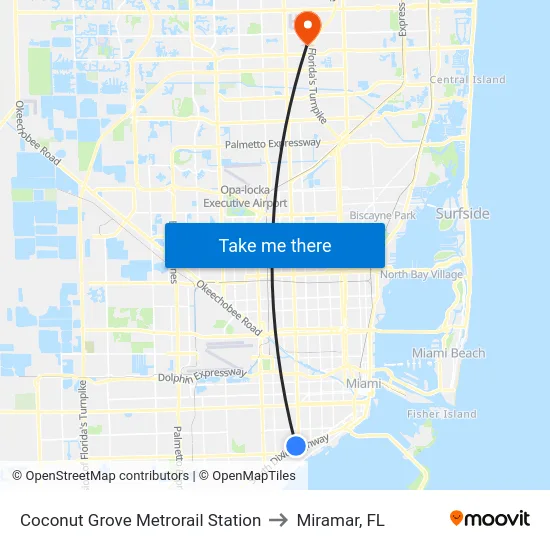 Coconut Grove Metrorail Station to Miramar, FL map