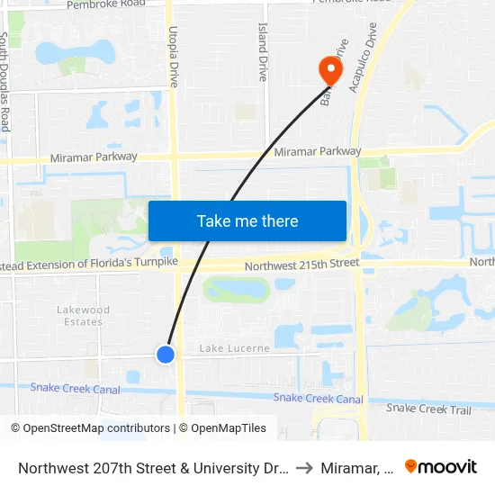 Northwest 207th Street & University Drive to Miramar, FL map