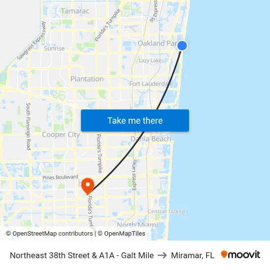 Northeast 38th Street & A1A - Galt Mile to Miramar, FL map