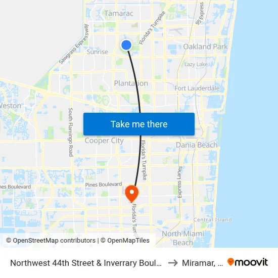 Northwest 44th Street & Inverrary Boulevard to Miramar, FL map