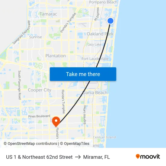 US 1 & Northeast 62nd Street to Miramar, FL map