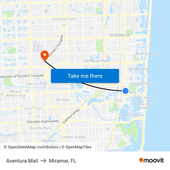 Aventura Mall to Miramar, FL map
