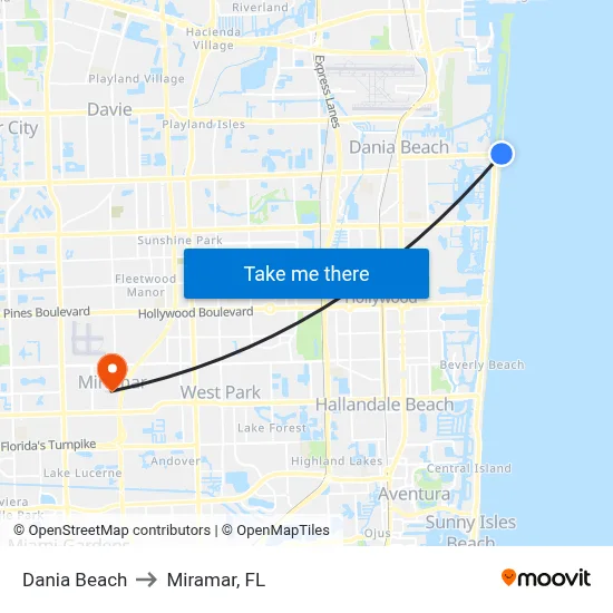 Dania Beach to Miramar, FL map