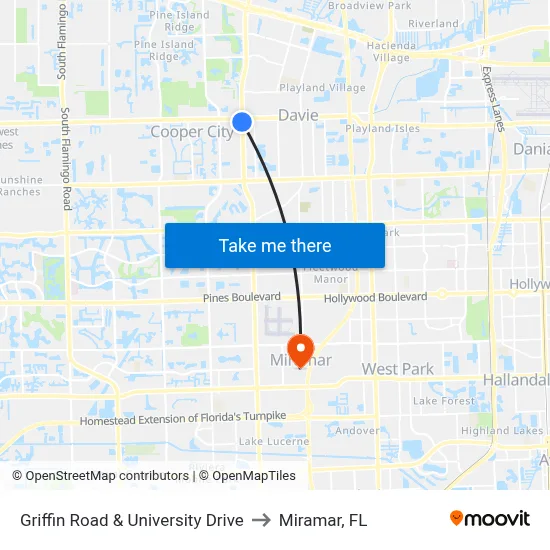 Griffin Road & University Drive to Miramar, FL map