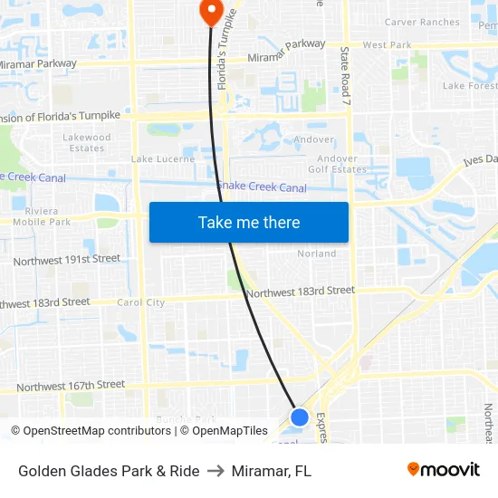 Golden Glades Park & Ride to Miramar, FL map