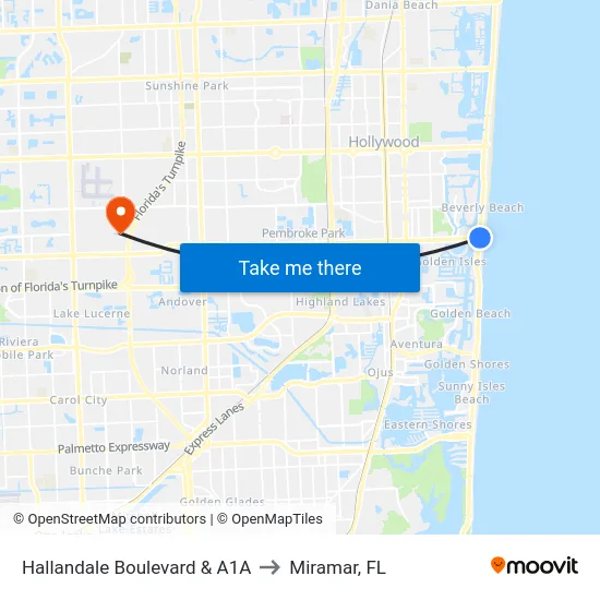 Hallandale Boulevard & A1A to Miramar, FL map