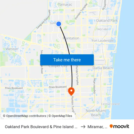 Oakland Park Boulevard & Pine Island Road to Miramar, FL map